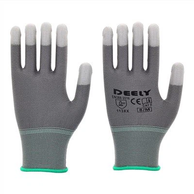 Grå polyester nylon PU fingertuppbelagte hansker